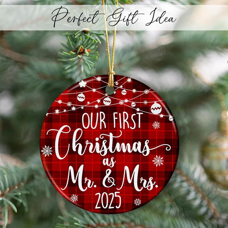 Fastpeace Our First Christmas as Mr and Mrs 2025 Ceramic Ornament – Classic Holiday Tree Decoration & Wedding Keepsake, First for Newlyweds, Romantic Ceramic Décor for Couples - Image 5